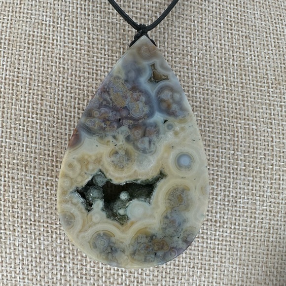 Jewelry - Large Ocean Jasper Teardrop Pendant Necklace on Thin Leather Rope